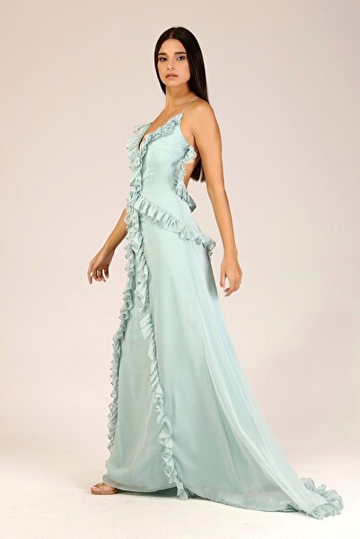 TARA COŞKUNTUNCEL Mint Sırtı Açık Fırfırlı Elbise