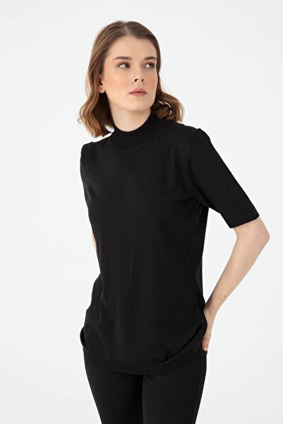 Desen Triko Μαύρη γυναικεία μπλούζα μισό ψαράκι - 02420345