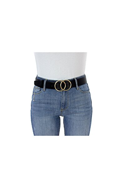 Livize Curea neagră de damă din piele naturală cu inel dublu cu cataramă galbenă