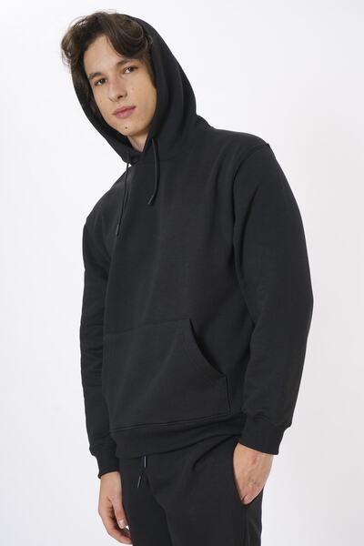 Eoselio Erkek Siyah Nakış Detaylı Kapüşonlu Örme Sweatshirt Au-20ee-53