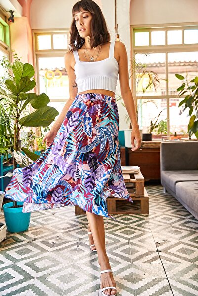 Olalook Dámska fialová asymetrická elastická tkaná viskózová sukňa v páse ETK-19000171