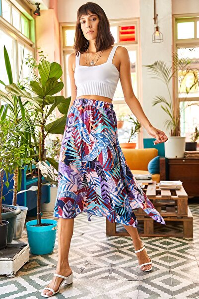 Olalook Dámska fialová asymetrická elastická tkaná viskózová sukňa v páse ETK-19000171