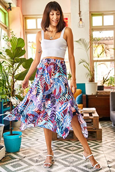 Olalook Dámska fialová asymetrická elastická tkaná viskózová sukňa v páse ETK-19000171