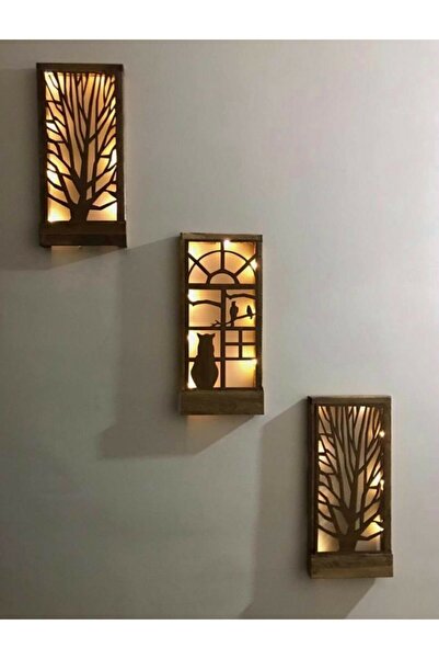 evdeucuz 3 Lü Set Peri Ledli Masif Ahşap Tablo Ev Hediyesi Hol Antre Gece Lamba 36x18 Duvar Süsü