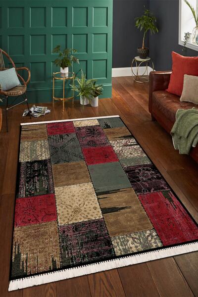 Modern home Patchwork Eskitme Detaylı Püsküllü Dijital Baskı Kaymaz Taban Mak...