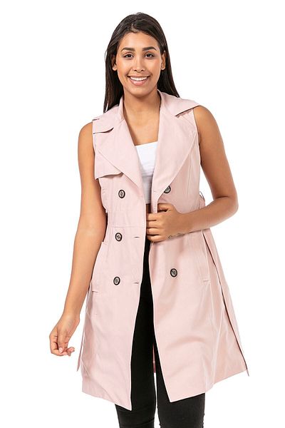 DISENTIS MODEST Double-breasted Collar, Double Pockets, Shoulder Epaulettes, Belted Lined Powder Color Vest