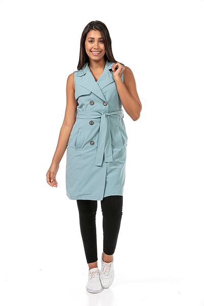 DISENTIS MODEST Double-breasted Collar, Double Pockets, Shoulder Epaulettes, Belted Lined Mint Green Vest