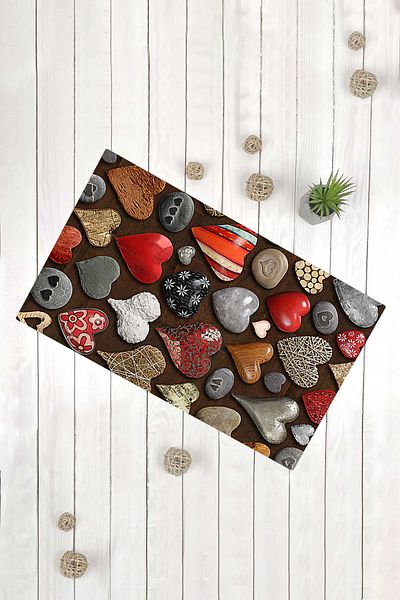 Evsebu Red Gray Heart Pattern Multi-Purpose Bath Mat