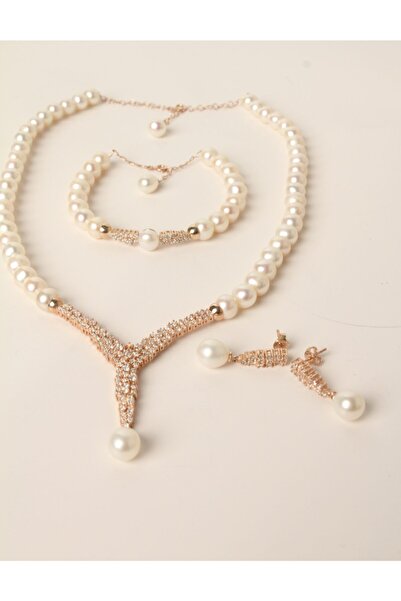 Pearls in Ocean Gold Gerçek Inci Kolye Bileklik Küpe Set Classic Serisi 152