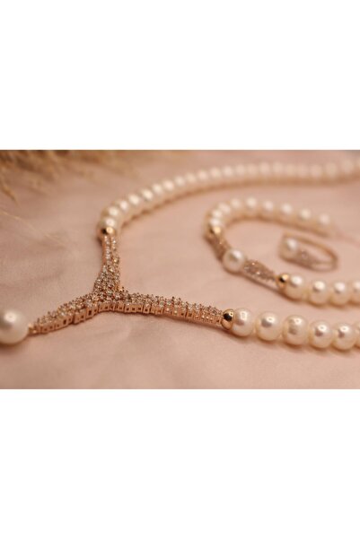 Pearls in Ocean Gold Gerçek Inci Kolye Bileklik Küpe Set Classic Serisi 152