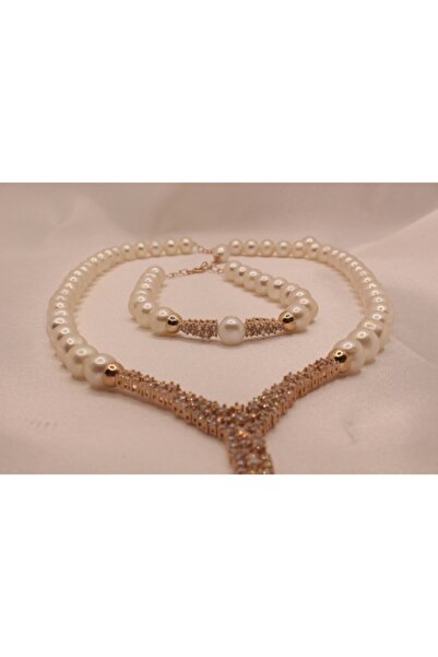 Pearls in Ocean Gold Gerçek Inci Kolye Bileklik Küpe Set Classic Serisi 152