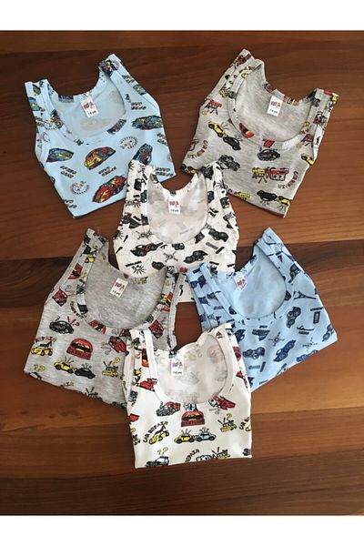 LEYNA BUTİK Boy's Cotton Strappy Patterned Undershirt 6 Pack