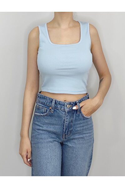 Bomenti Life Women's Blue Ribbed U-Neck Sleeveless Crop T-Shirt