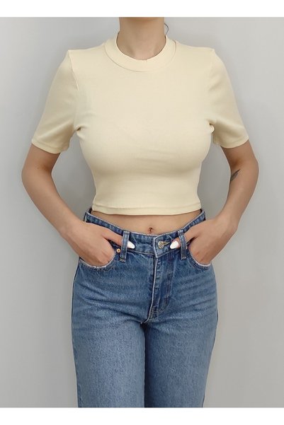Bomenti Life Kadın Krem Fitilli U Yaka Kısa Kol Crop Tişört