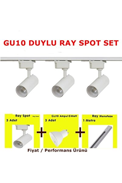 Coral Light Mini Ray Spot Set Gu-10 Duylu 3 Spot Lamba + 1 Mt Ray + 3 Gu10 Led Ampul Beyaz Işık Beyaz Kasa