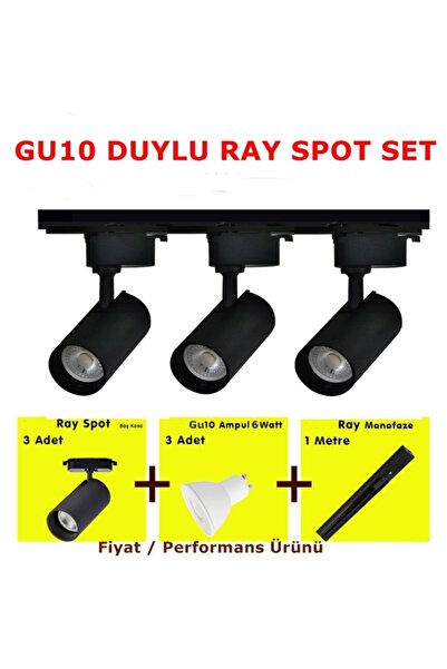 Coral Light Mini Ray Spot Set Gu-10 Duylu Siyah Kasa Beyaz Işık 3 Spot Lamba 1 Mt Ray 3 Gu10 6500k Led Ampul