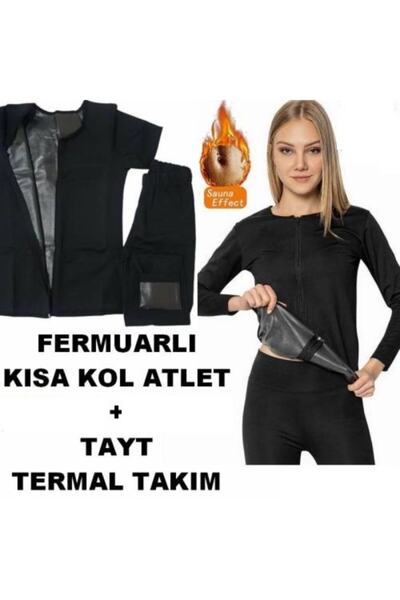 Dr. Cornell Üçlü Sauna Takım Fermuar Yarım Kol Atlet Kolsuz Atlet Tayt 3 Lü T...
