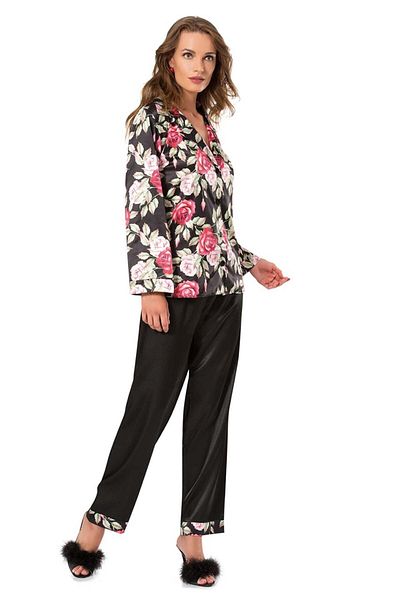 Pemilo Set de pijamale din satin 001 Rose Dersenli pentru femei, negru