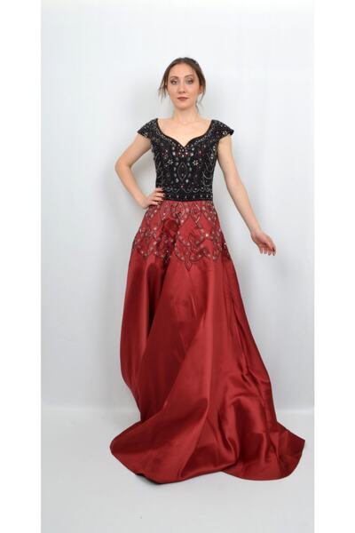 ALİS DRESS Siyah Bordo Üst Kısmı Işlemeli Abiye