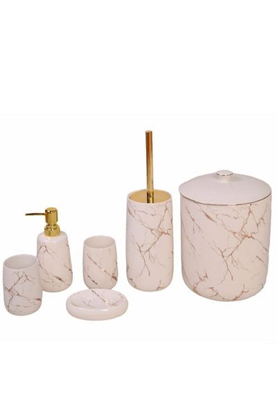 Ün-Ev 6-Piece Ceramic Bathroom Set Gold Gilded Marble Patterned 5006