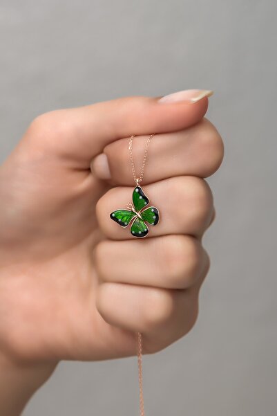 Nereze 925 Ayar Gümüş Mineli Yeşil Kelebek Kolye