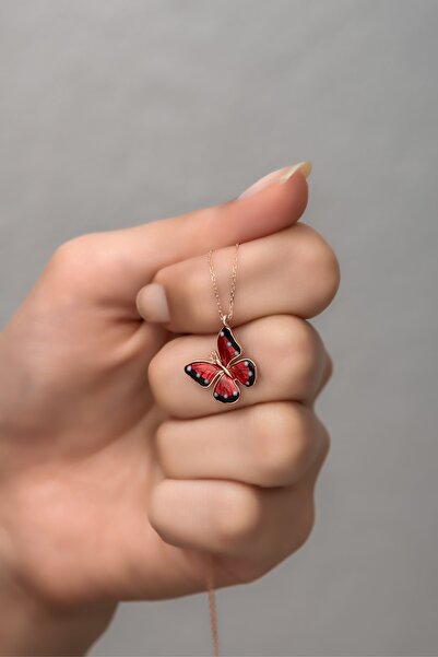 Nereze 925 Ayar Gümüş Mineli Kırmızı Kelebek Kolye