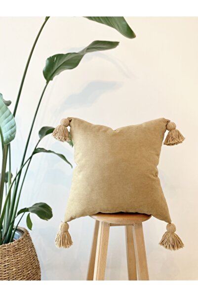 Hestia Home Kırlent Kılıfı Yastık Kılıfı Püsküllü Keten Karamel 40x40 Cm