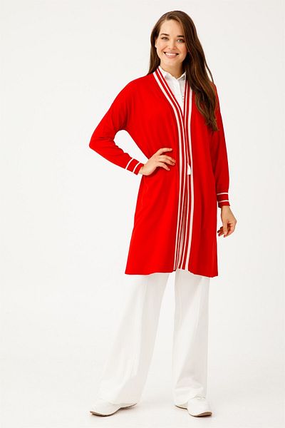 Tığ Triko Women's Red Stripe Detailed Knitwear Cardigan 20830