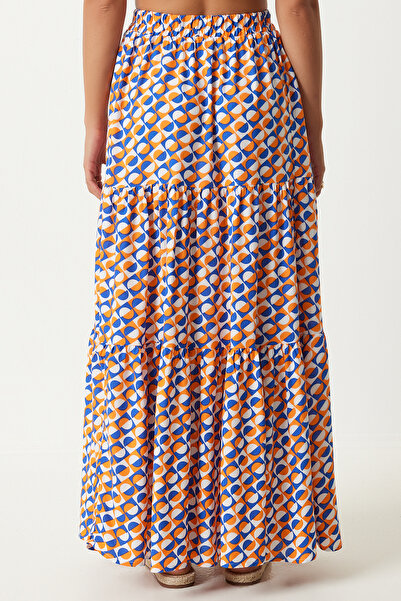 Happiness İstanbul Помаранчево-синя візерунчаста віскозна максі-спідниця Волюта літня модель FN03197