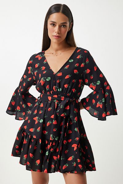 Happiness İstanbul Rot-schwarz gemustertes ausgestelltes Sommerkleid aus Viskose - FN03202