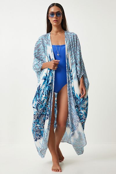 Happiness İstanbul Asymmetrisch gemusterter Damen-Kimono aus blau-ecrufarbener Viskose - FN03217