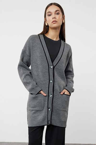Trendyol Modest Anthracite Knitwear Cardigan - Contrast Piping Detail, TCTAW22TH0014