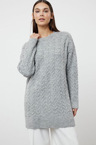 Trendyol Modest Šedý pletený svetr s pletenými copánky - Pearl Detailed TCTAW25AK00017