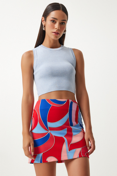 Happiness İstanbul Rot-Blau gemusterter Damen-Mini-Strickrock - FN03199