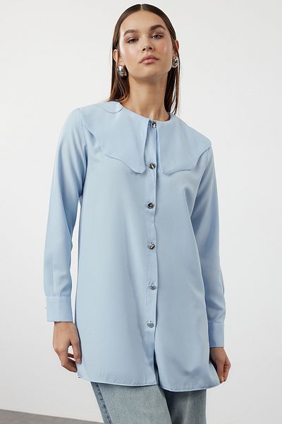 Trendyol Modest Baba gallér világoskék pamut ing - ezüst gombos részlet TCTAW24TG00009