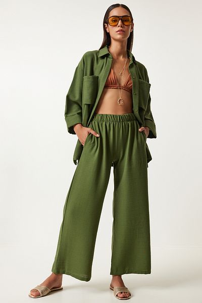 Happiness İstanbul Khaki Linen Blended Shirt and Trousers Set - Wide Pocket FN03205
