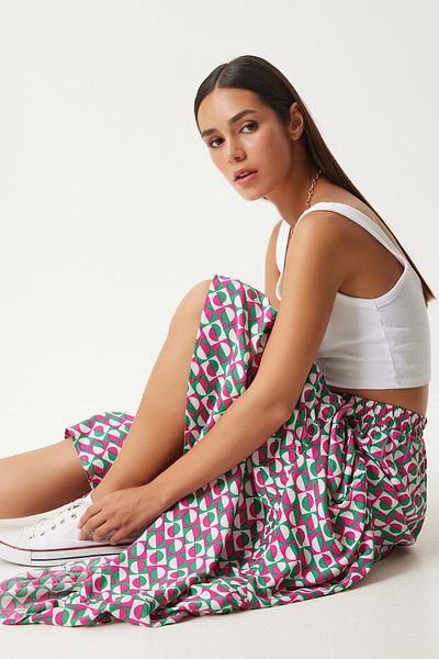 Happiness İstanbul Pink Green Patterned - Flounced Viscose Women's Maxi Skirt FN03197