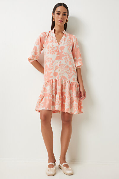 Happiness İstanbul Γυναικείο φόρεμα από βισκόζη γιακά Hakim - με ροδακινί σχέδιο FN03229