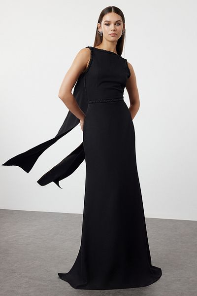 Trendyol Collection Czarna dopasowana, tkana, długa, stylowa suknia wieczorowa i sukienka na bal maturalny Tprss24Ae00043