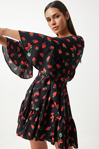 Happiness İstanbul Κόκκινο μαύρο μοτίβο από βισκόζη καλοκαιρινό φόρεμα - FN03202