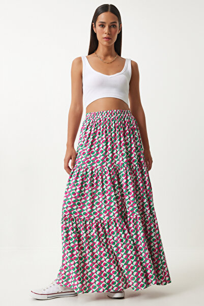 Happiness İstanbul Pink Green Patterned - Flounced Viscose Women's Maxi Skirt FN03197