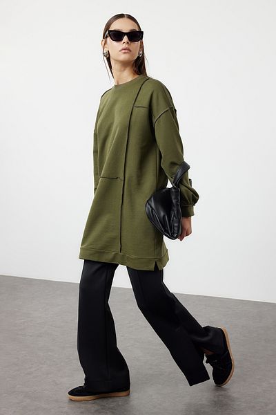 Trendyol Modest Gestricktes Oversize-Sweatshirt - Khaki, gerippte Details TCTSS22TW0002