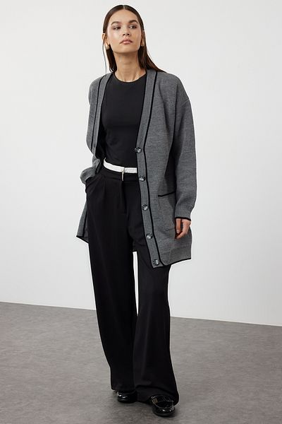 Trendyol Modest Anthracite Knitwear Cardigan - Contrast Piping Detail, TCTAW22TH0014
