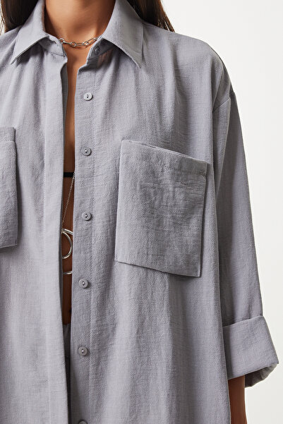 Happiness İstanbul Gray Linen Blended Wide Pocket Women's Shirt and Trousers Set - FN03205