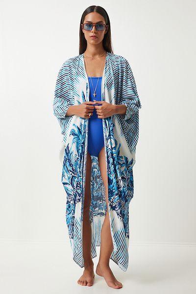 Happiness İstanbul Asymmetrisch gemusterter Damen-Kimono aus blau-ecrufarbener Viskose - FN03217