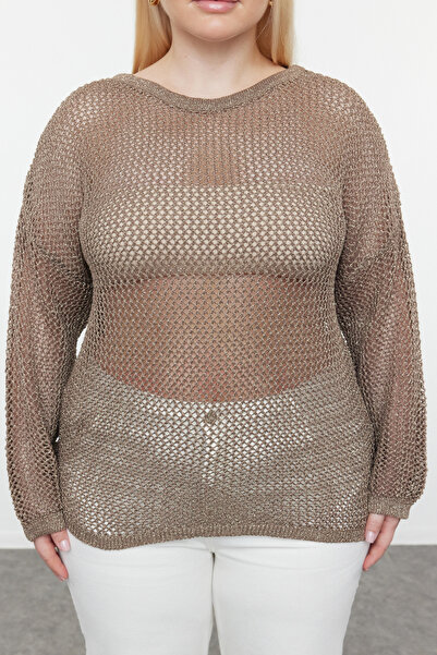 Trendyol Curve Mink Glitter Boat Neck Openwork/Hole Knitwear Sweater TBBSS24AN00006