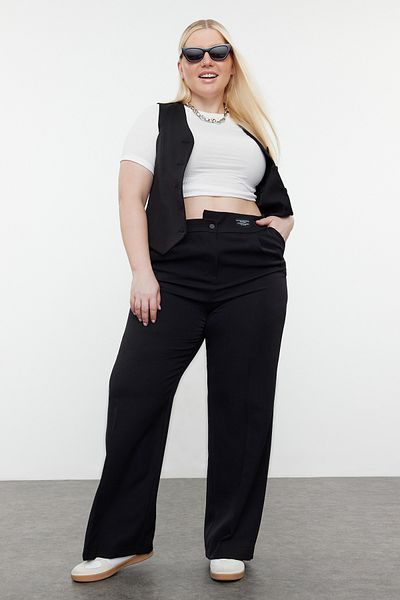 Trendyol Curve Plus Size Black Wide Leg Trousers - Labeled, Woven Fabric TBBSS24AR00041