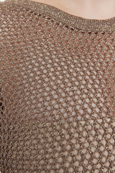 Trendyol Curve Mink Glitter Boat Neck Openwork/Hole Knitwear Sweater TBBSS24AN00006