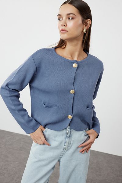 Trendyol Collection Crew Neck Blue Knitwear Cardigan - Jacket Look Twoaw25Hi00066