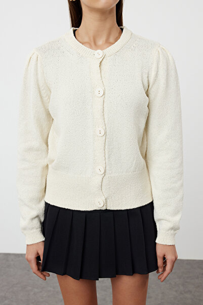 Trendyol Collection Ecru Crew Neck Knitwear Cardigan - Cotton, Jacket Look Twoaw25Hi00065